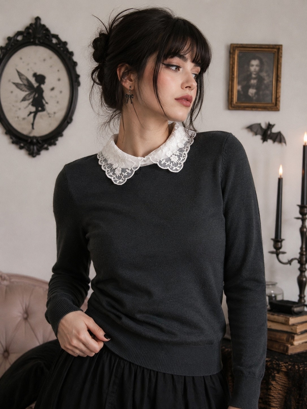 🎀🤍 Lace Collar Sweater Peter Pan Collar Knit Top Preppy Coquette Whimsigoth M